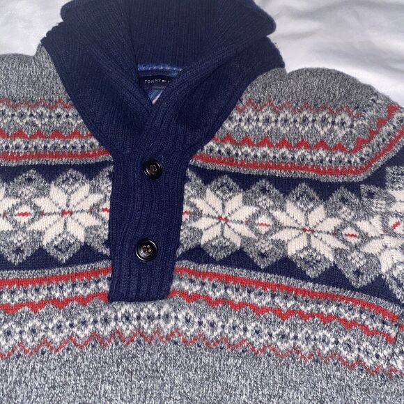 Tommy Hilfiger‎ Navy Red Fair Isle Lambswool 1/4 Sweater Button Men Size Small - Picture 7 of 11